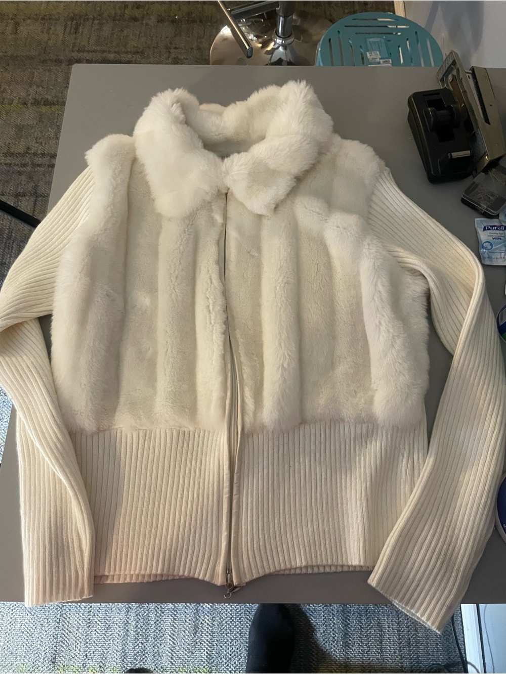 Women's Cream Faux Fur & Knit Zip Jacket